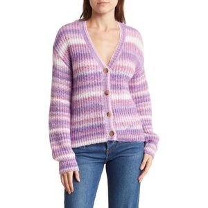 New! Olivia Sky Soft Knit Balloon Sleeve Stripes Button Down Cardigan Sweater